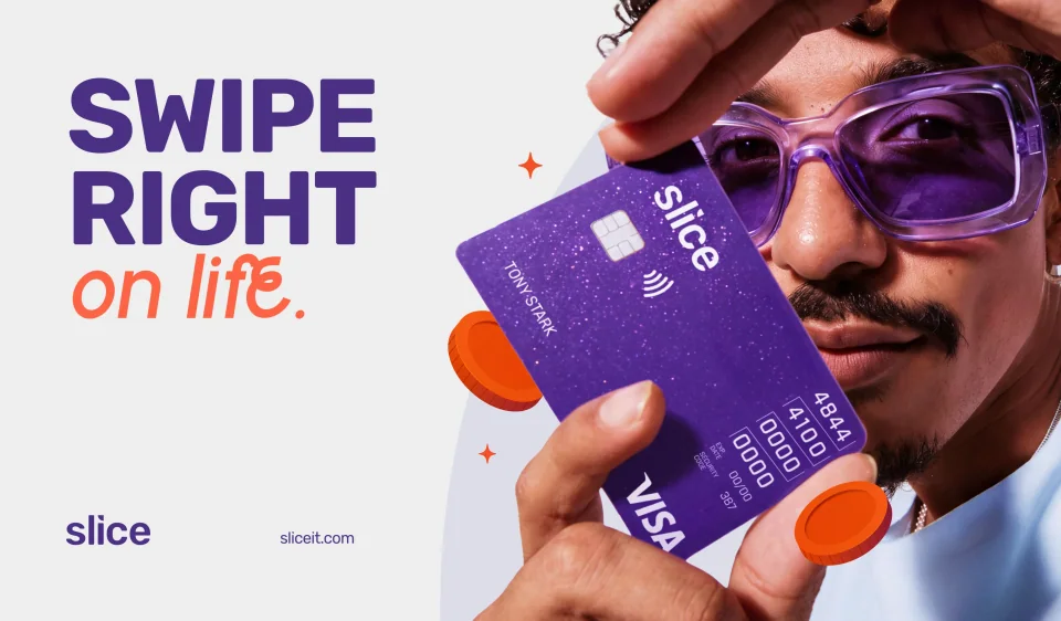 Swipe right on life ad with a man in purple sunglasses holding a Slice Visa card