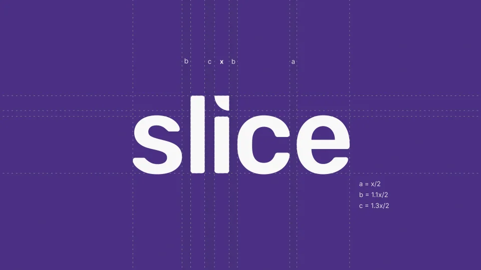 Slice wordmark in white on purple with its construction grid and spacing ratios