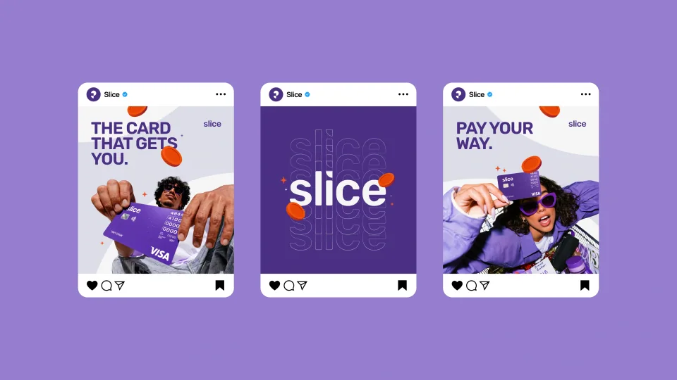 Three Slice Instagram posts on purple, including The card that gets you