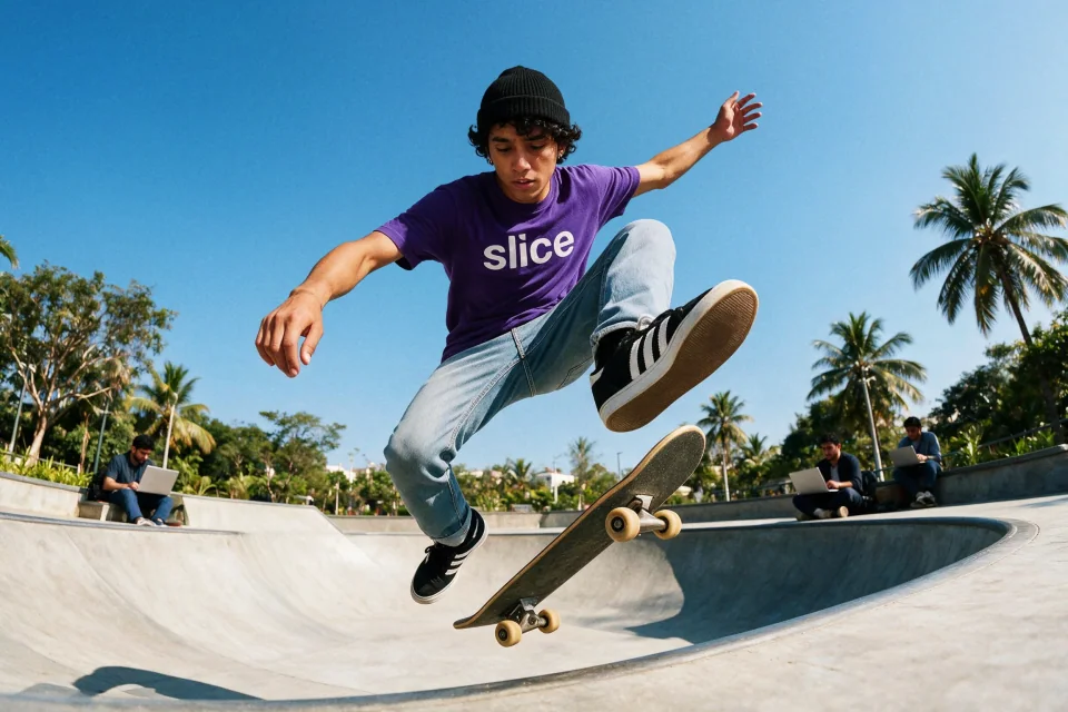 Skateboarder mid-jump wearing a purple slice t-shirt