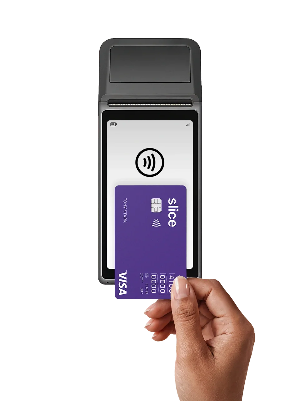 Hand tapping a purple Slice Visa card on a card terminal