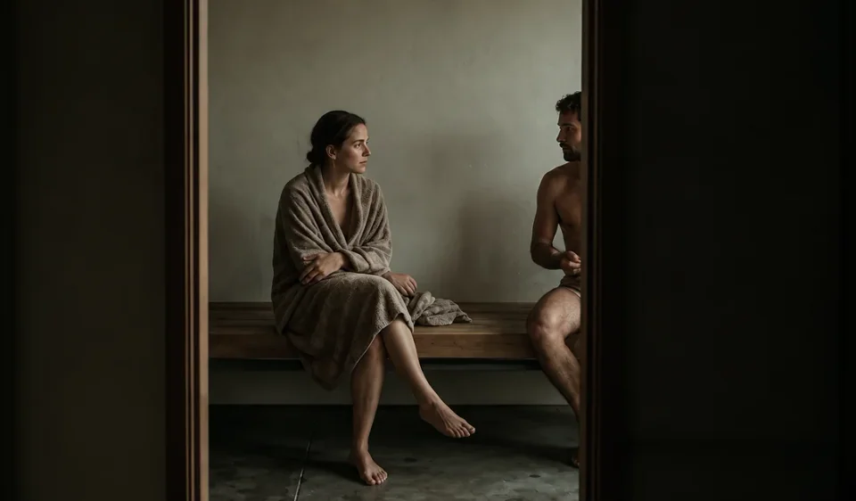 Woman wrapped in a robe sitting on a sauna bench beside a man in a doorway