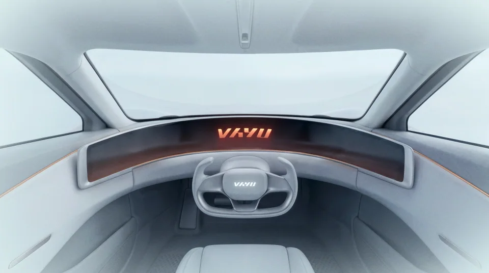 Vayu cabin interior with the wordmark glowing on the dashboard display