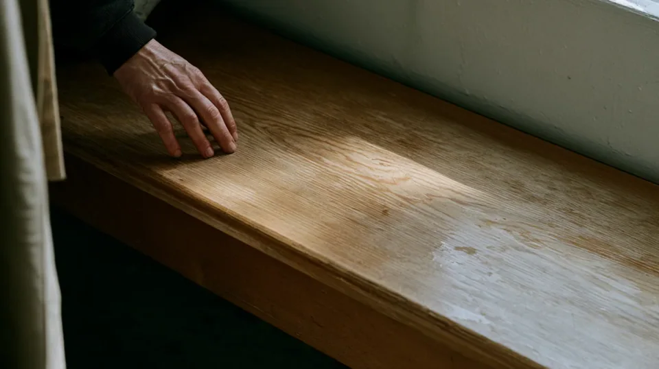 Hand resting on a sunlit timber bench beside a window