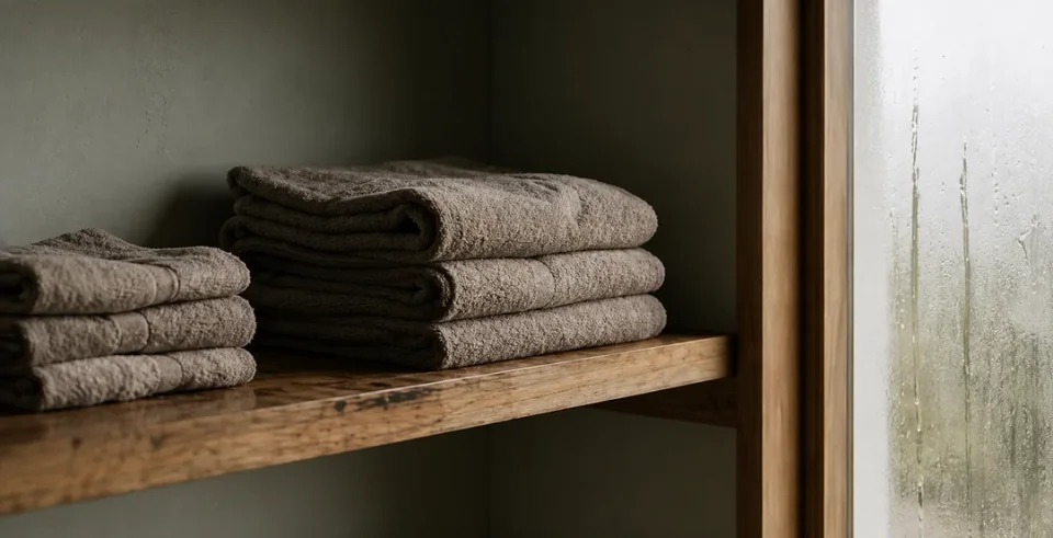 Folded towels stacked on a timber shelf beside a fogged window