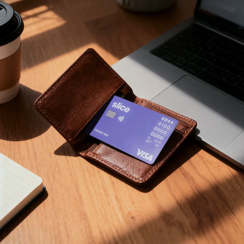 Purple Slice card tucked into a brown leather wallet