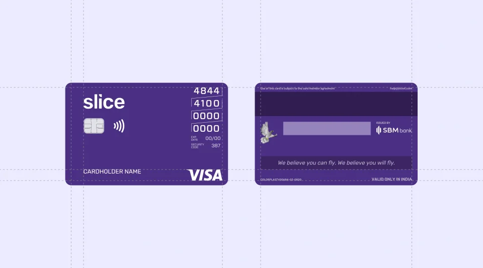 Front and back of the Slice Visa card on a lavender grid