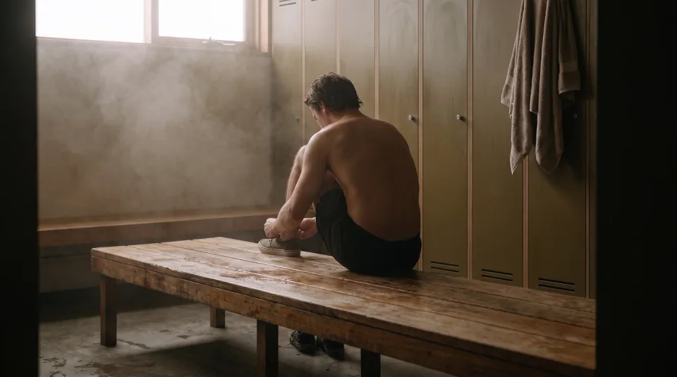 Man sitting on a timber bench in a steamy changing room lined with lockers