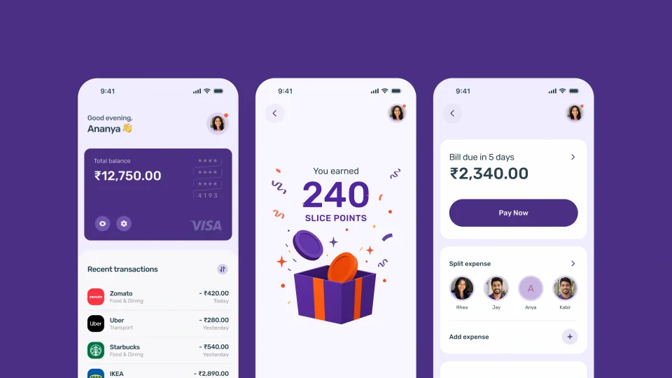 Three Slice app screens showing balance, Slice points and bill splitting