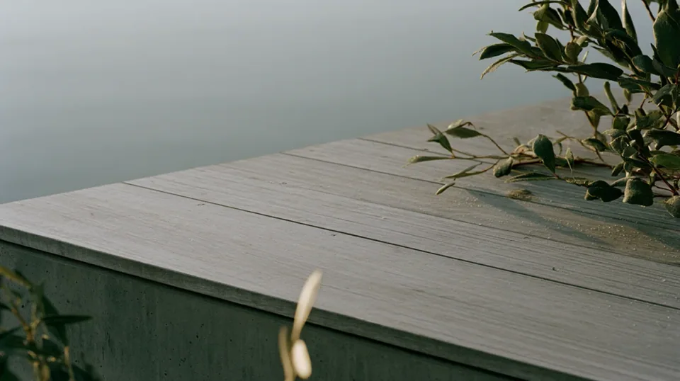 Weathered timber deck at the water's edge with eucalyptus leaves in the foreground