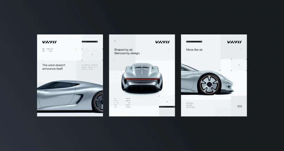 Three Vayu brochure pages with the silver hypercar from different angles