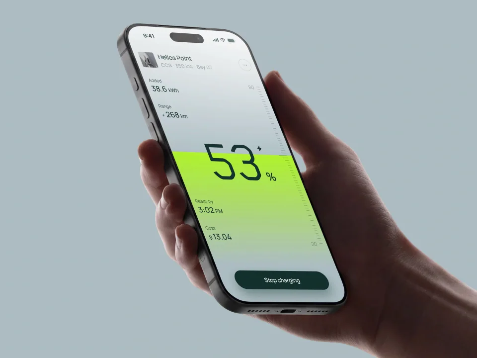 Hand holding a phone showing the Helios app at 53 percent charge