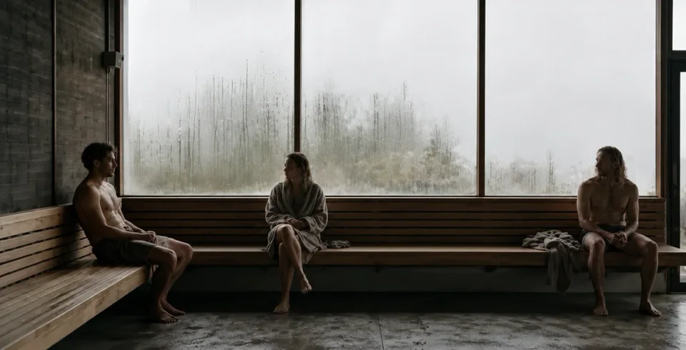 Three bathers sitting on long benches in front of tall misted windows