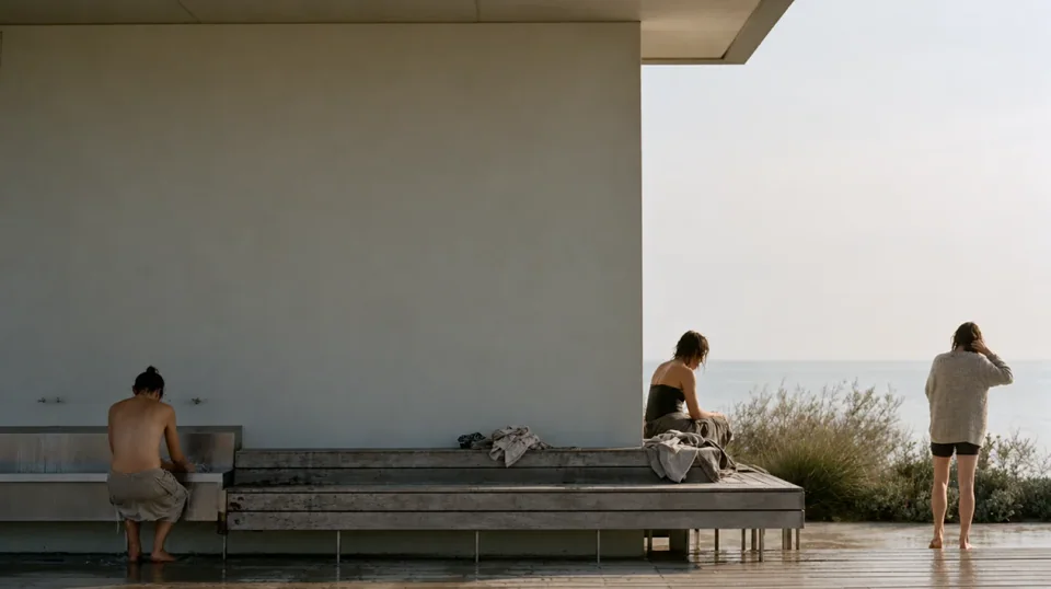 Bathers sitting and standing on a sheltered concrete terrace looking out to the bay