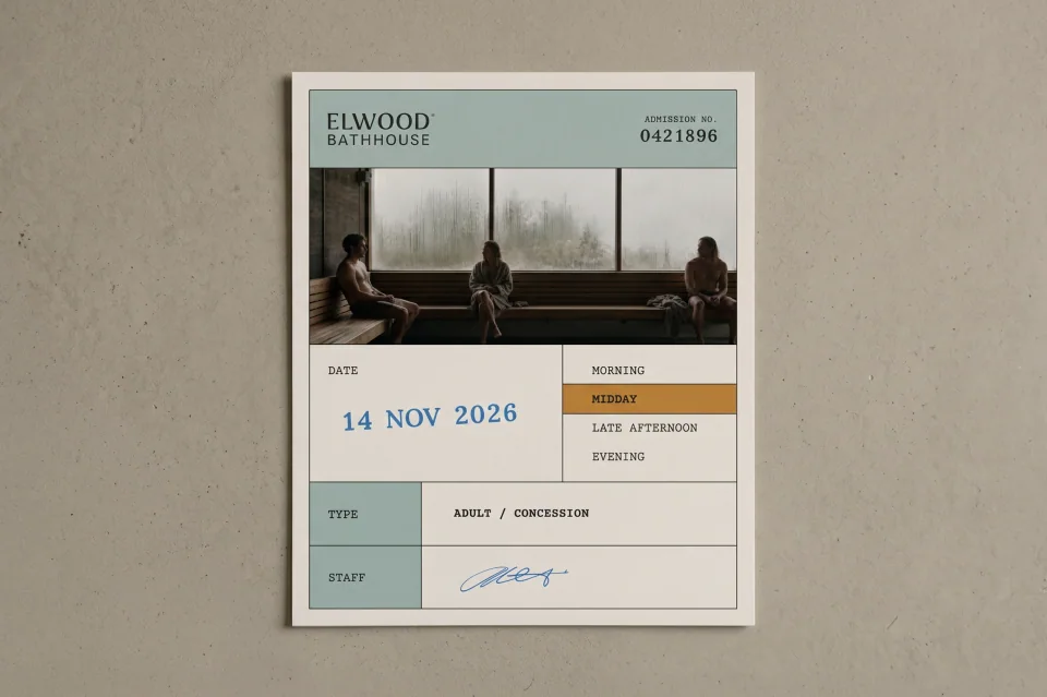 Elwood admission ticket with a photo, the date 14 Nov 2026 and a staff signature