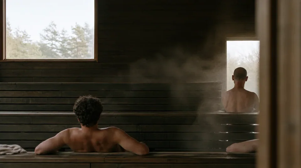 Two bathers resting in a steam-filled timber sauna, seen from behind