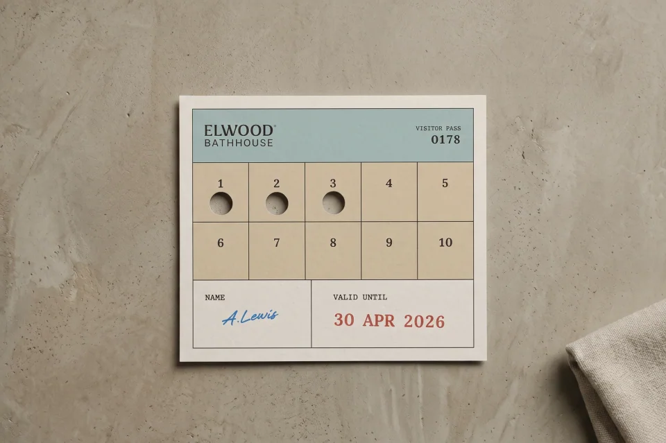 Elwood ten-visit card with three visits punched, valid until 30 Apr 2026