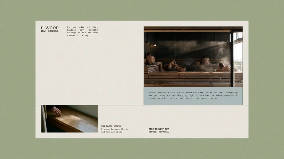 Elwood brochure spread on sage green with a steam-room photo and a teal caption panel
