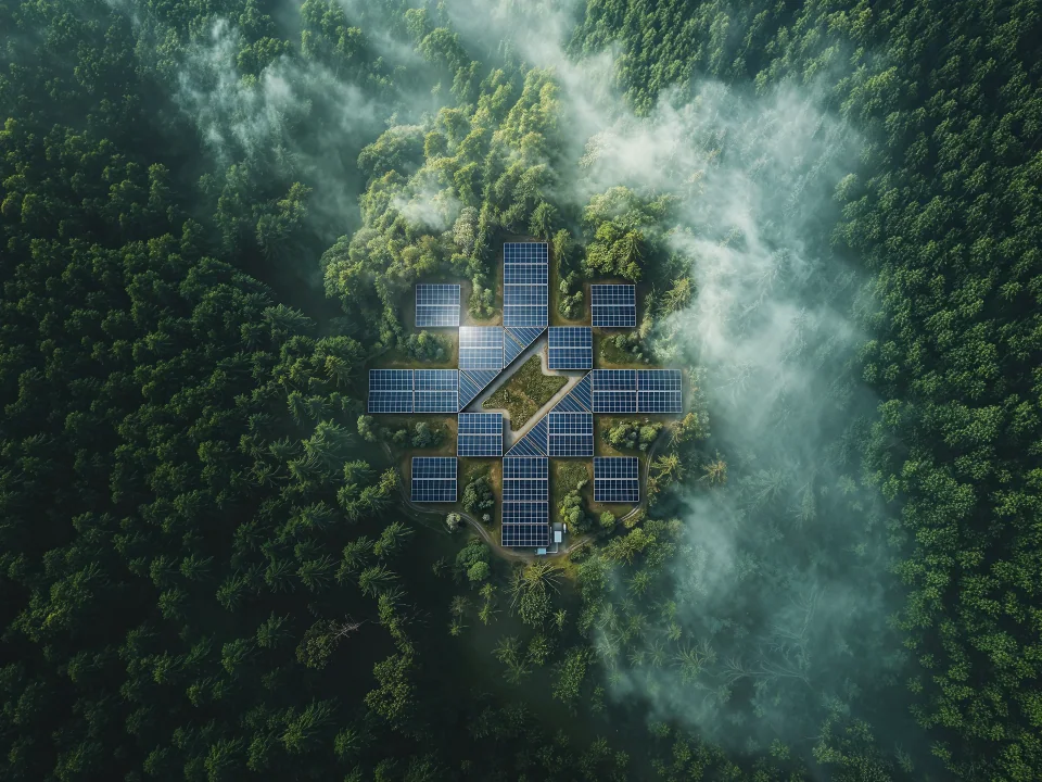 Aerial view of a solar array shaped like the Helios mark in a misty forest